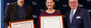 2019 Yale-Jefferson Award winners Charles Best ’98 and Ariel Horowitz ’19 MusM with YAA Vice Chair Jerry Henry '80 MDiv